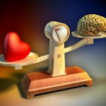 Heart and brain on a balance scale. Digital illustration.