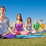 Group of young people have meditation on yoga class. Yoga concep